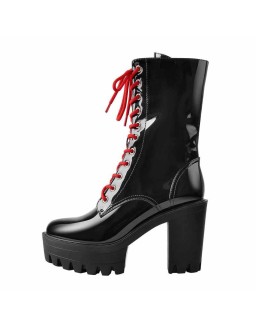 Patent Black Platform Chunky Red Lace Chunky Heel Ankle Boots