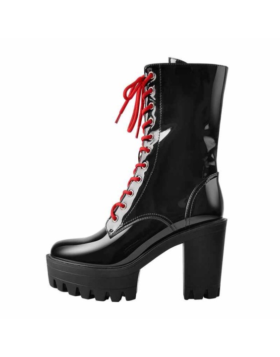 Patent Black Platform Chunky Red Lace Chunky Heel Ankle Boots