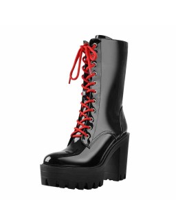 Patent Black Platform Chunky Red Lace Chunky Heel Ankle Boots