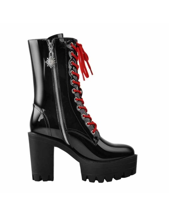 Patent Black Platform Chunky Red Lace Chunky Heel Ankle Boots