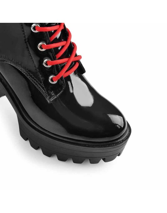 Patent Black Platform Chunky Red Lace Chunky Heel Ankle Boots