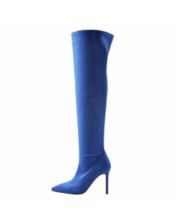 Blue Stretch Overthe Knee High Boot Pointed Toe Stiletto Booties
