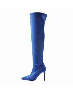 Blue Stretch Overthe Knee High Boot Pointed Toe Stiletto Booties