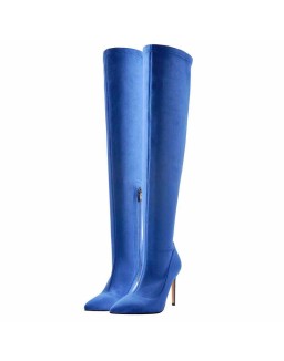 Blue Stretch Overthe Knee High Boot Pointed Toe Stiletto Booties