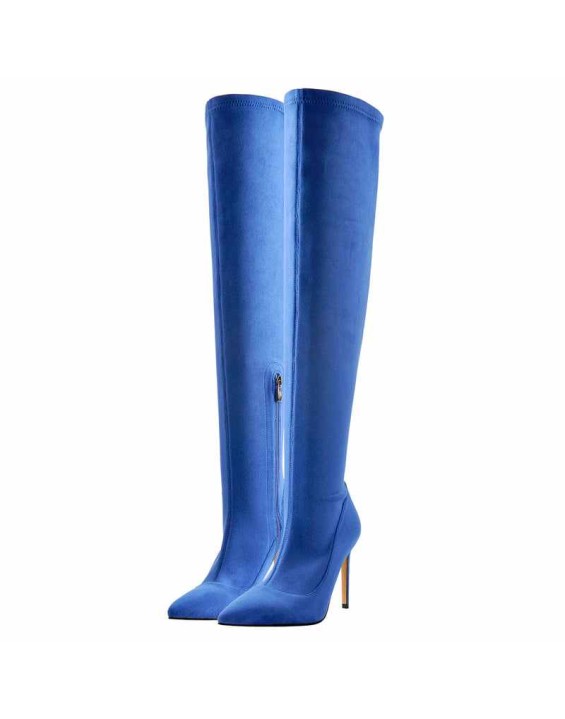 Blue Stretch Overthe Knee High Boot Pointed Toe Stiletto Booties