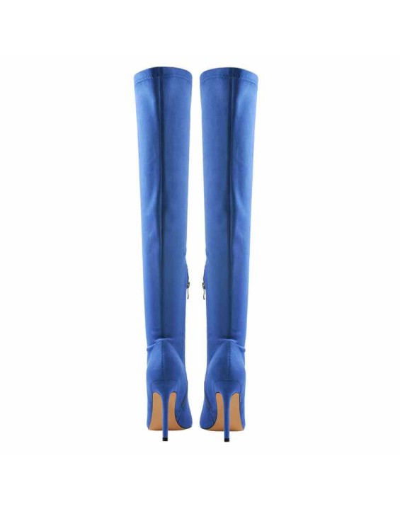 Blue Stretch Overthe Knee High Boot Pointed Toe Stiletto Booties