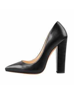 Matte Black Elegant Classic Pointed Toe Pumps Chunky Heels
