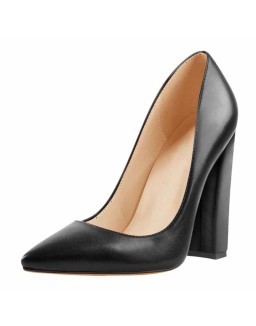 Matte Black Elegant Classic Pointed Toe Pumps Chunky Heels