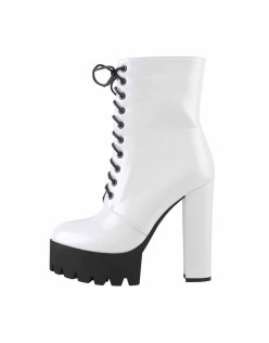 Lace Up White Platform Chunky Heels Zipper Boots