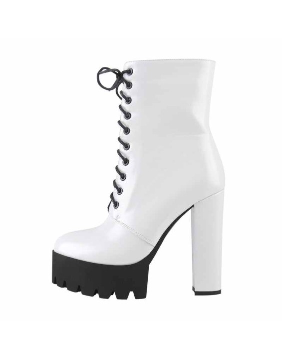 Lace Up White Platform Chunky Heels Zipper Boots