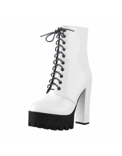 Lace Up White Platform Chunky Heels Zipper Boots