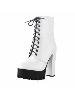 Lace Up White Platform Chunky Heels Zipper Boots