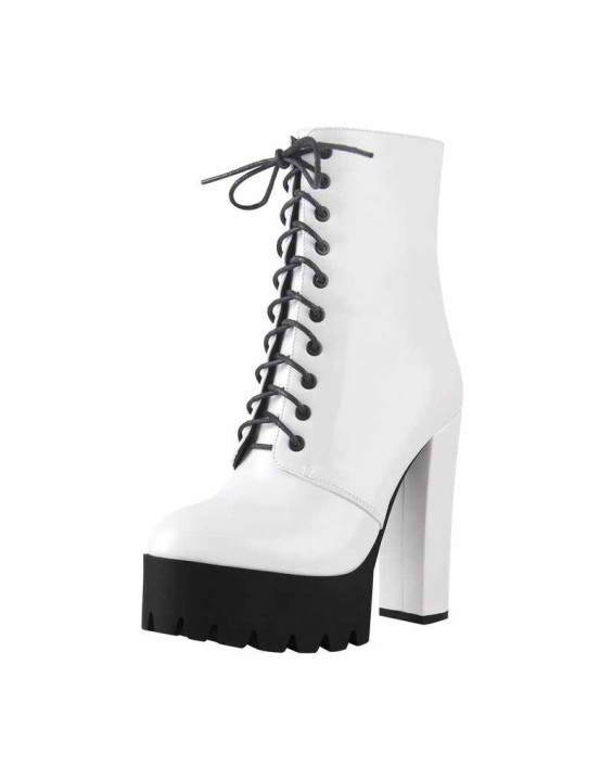 Lace Up White Platform Chunky Heels Zipper Boots