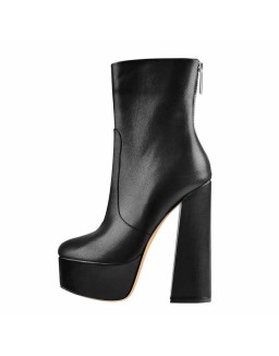 Round Toe Matte Black Platform Chunky Heels Ankle Zipper Boots