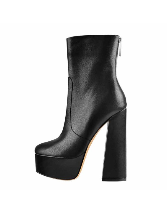 Round Toe Matte Black Platform Chunky Heels Ankle Zipper Boots