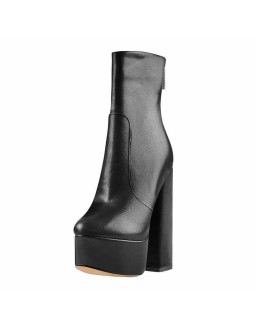 Round Toe Matte Black Platform Chunky Heels Ankle Zipper Boots