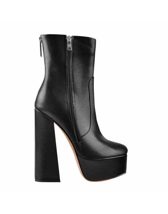 Round Toe Matte Black Platform Chunky Heels Ankle Zipper Boots