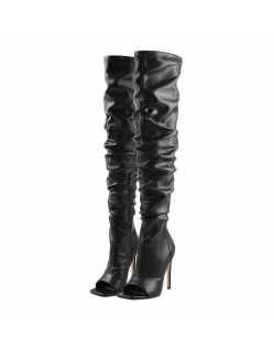 Black Open Square Toe Knee High Stiletto Zipper Boots