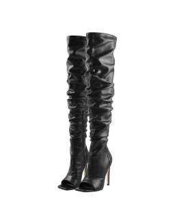 Black Open Square Toe Knee High Stiletto Zipper Boots