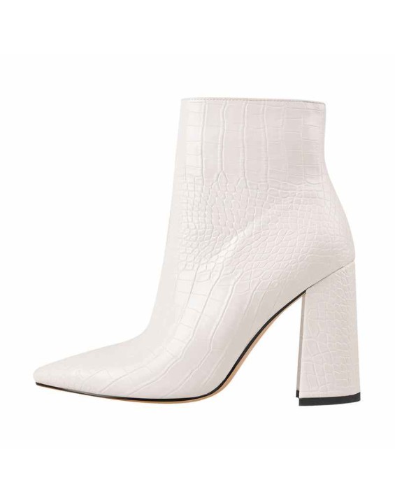 White Stone Pointed Toe Ankle Zipper Boots