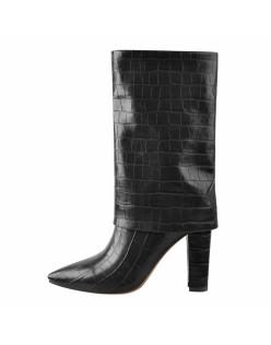 Black Brown Pointed Toe Stone Chunky Heels Winter Boots