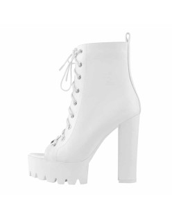 Peep Toe White Platform Lace Up Chunky Heels Ankle Boots