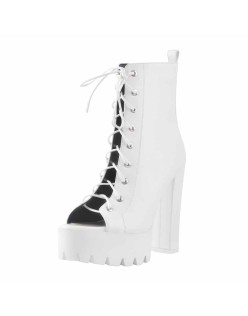 Peep Toe White Platform Lace Up Chunky Heels Ankle Boots