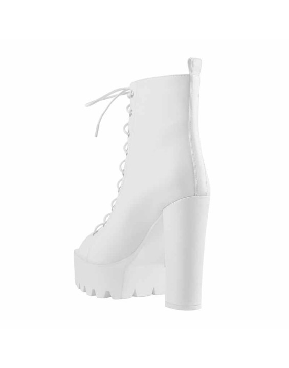 Peep Toe White Platform Lace Up Chunky Heels Ankle Boots