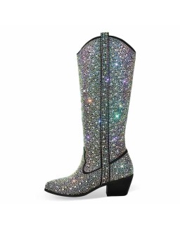 Rhinestones Black Round Toe Chunky Heels Boots