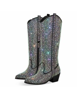 Rhinestones Black Round Toe Chunky Heels Boots