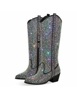 Rhinestones Black Round Toe Chunky Heels Boots