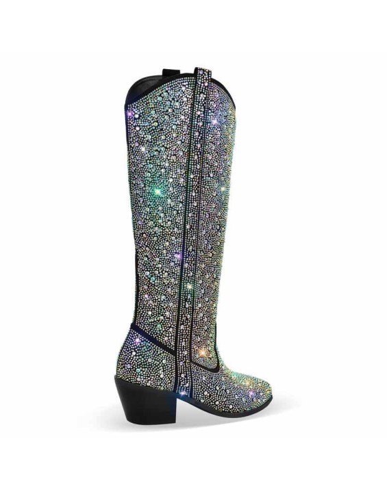 Rhinestones Black Round Toe Chunky Heels Boots