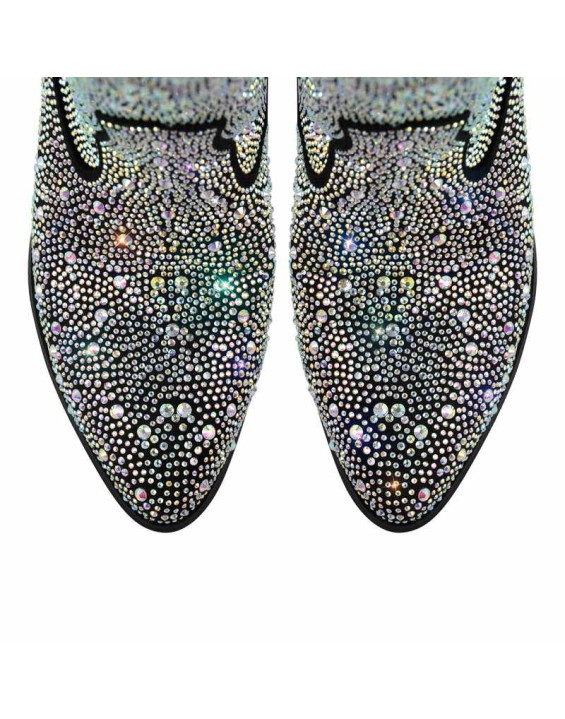 Rhinestones Black Round Toe Chunky Heels Boots