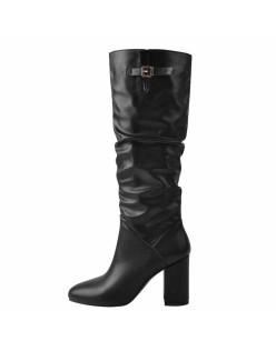 Matte Black Leather Chunky Heels Boots