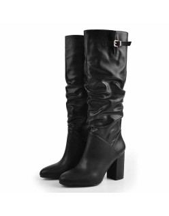 Matte Black Leather Chunky Heels Boots