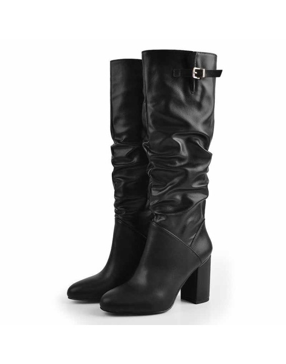 Matte Black Leather Chunky Heels Boots