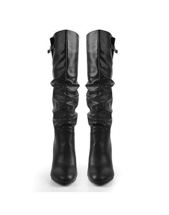 Matte Black Leather Chunky Heels Boots