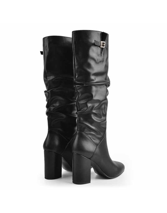 Matte Black Leather Chunky Heels Boots