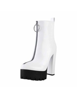 White Platform Round Toe Zipper Chunky Heels Ankle Boots
