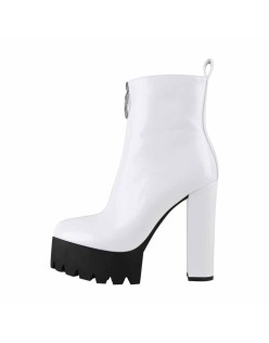 White Platform Round Toe Zipper Chunky Heels Ankle Boots