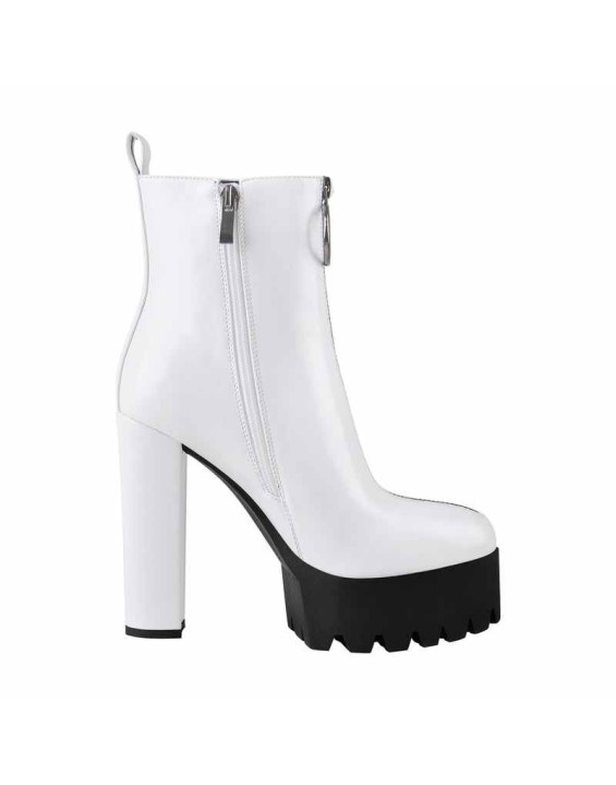 White Platform Round Toe Zipper Chunky Heels Ankle Boots