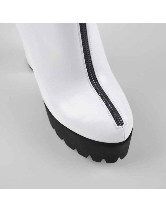 White Platform Round Toe Zipper Chunky Heels Ankle Boots
