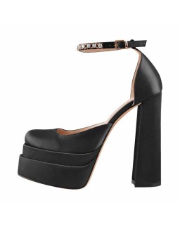 Black Rose Yellow Silk-like Rhinestone Platform Chunky High Heels Pumps