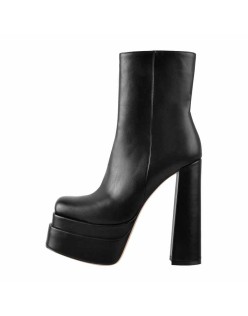 Square Toe Black Double Platform Block Heel Ankle Boot