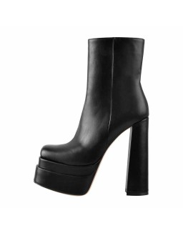 Square Toe Black Double Platform Block Heel Ankle Boot