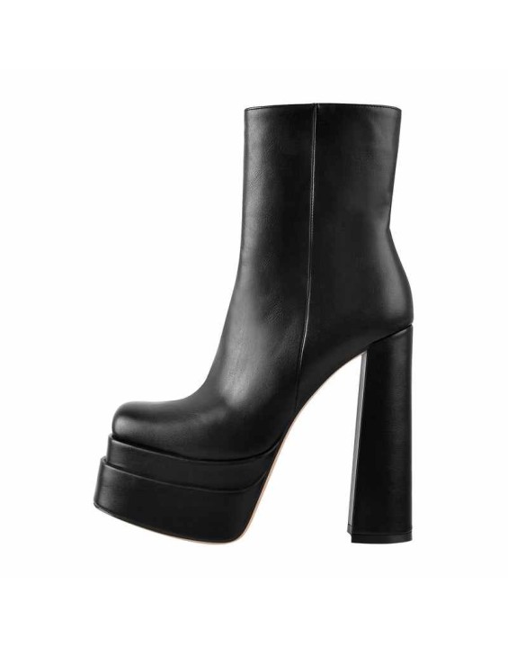 Square Toe Black Double Platform Block Heel Ankle Boot