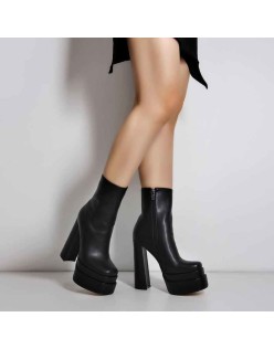 Square Toe Black Double Platform Block Heel Ankle Boot