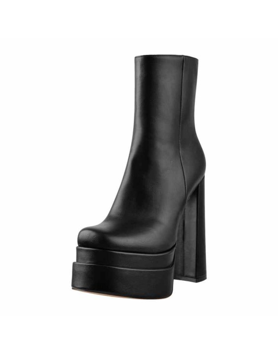 Square Toe Black Double Platform Block Heel Ankle Boot