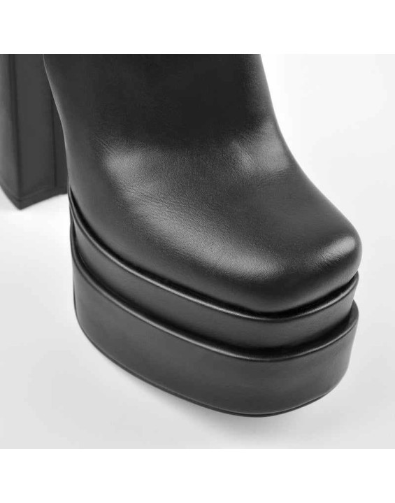 Square Toe Black Double Platform Block Heel Ankle Boot