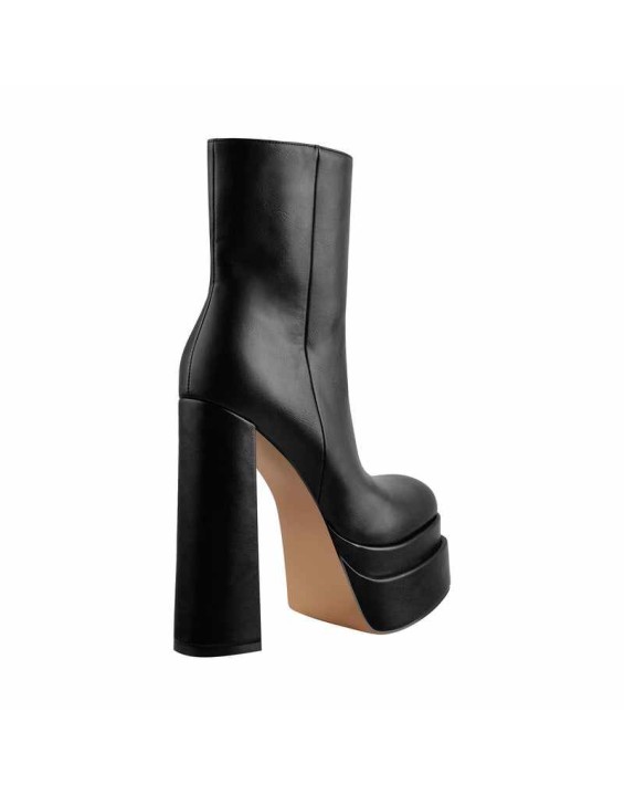 Square Toe Black Double Platform Block Heel Ankle Boot